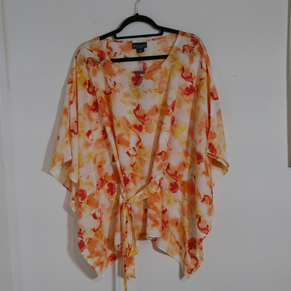 Bold Elements Women Blouse XL Orange Watercolor Floral Boho Chiffon Ethereal NEW